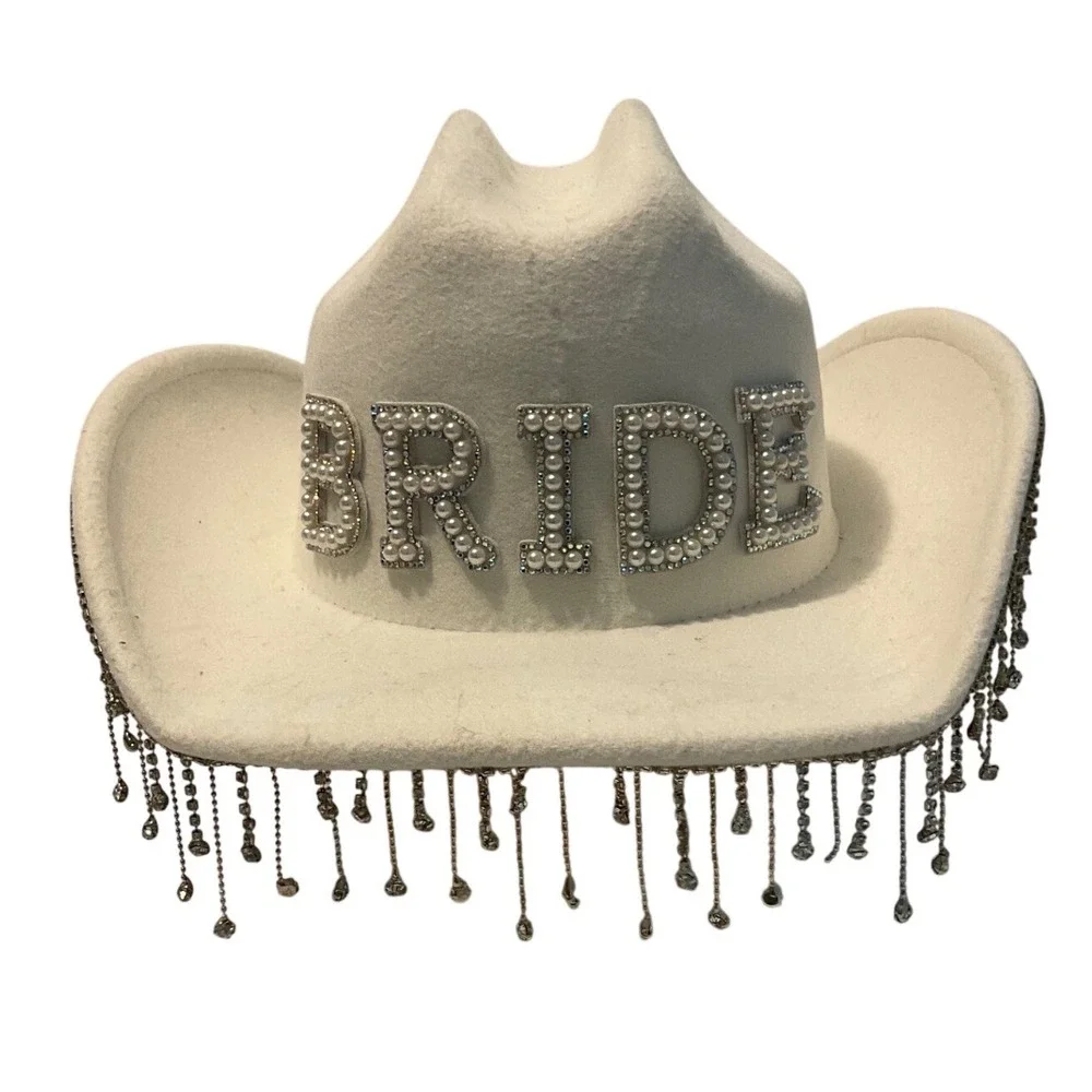 White Bride Cowboy Hat Pearl Rhinestone Fringe Bachelorette Party Western Felt